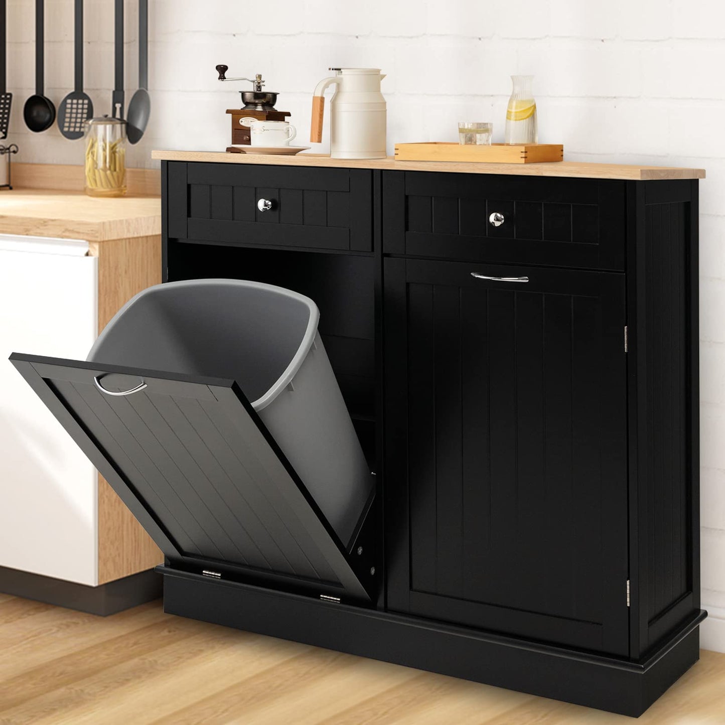 SILKYDRY Tilt-Out Trash Cabinet & Kitchen Island with Adjustable Shelf and Drawers - Black