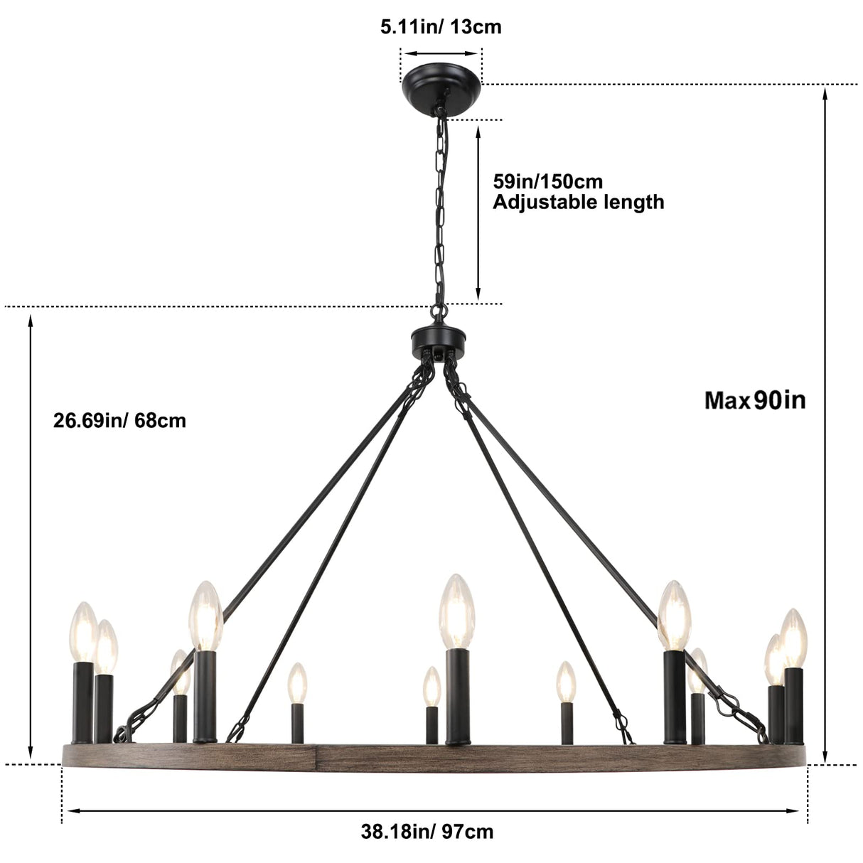 WBinDX 12-Light Wagon Wheel Chandelier Farmhouse Faux Wood Metal Black Chandelier, 38.2 Inch Large Rustic Candle Round Chandeliers for Dining Room Living Room Entryway Foyer Lighting WBinDX