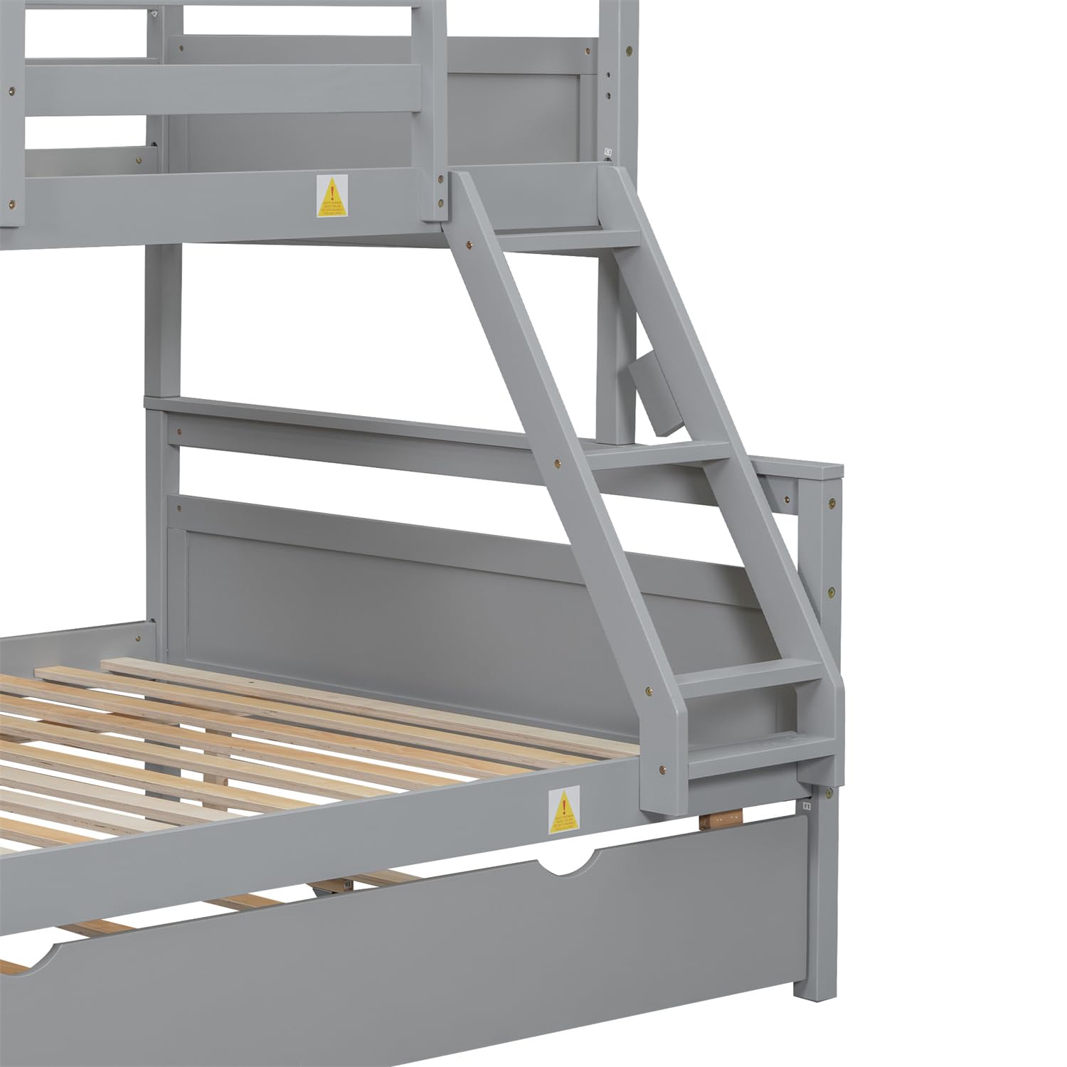 Merax Grey Twin Over Full Solid Wood Trundle Bunk Bed with Guardrail and Ladder - WoodArtSupply