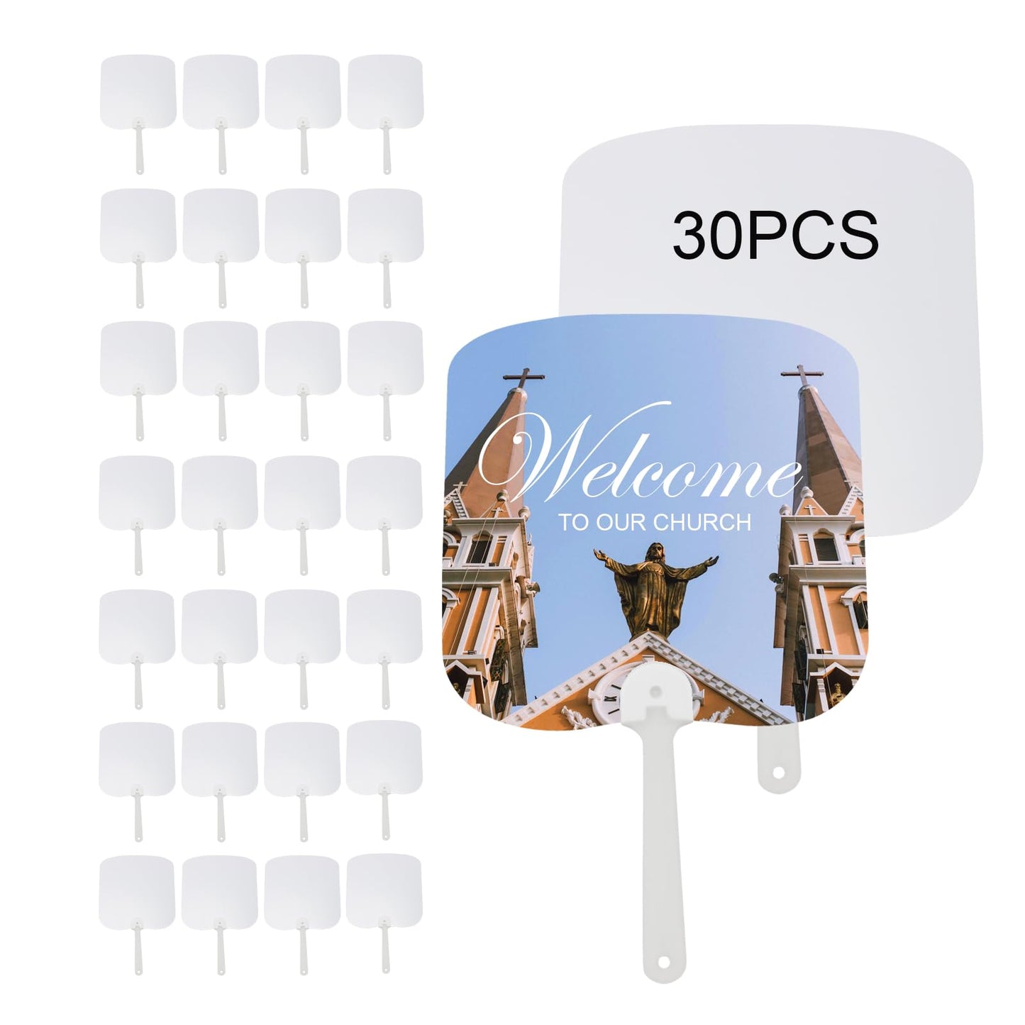 DIICCYO Church Fans Handheld Set of 30 Pcs, Blank Double-Sided Sublimation Wedding Paddle Fan with Handle, Blank Plastic Fans for Church Wedding Parties Classroom DIY