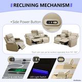 Anthato Power Recliner Sofa Set, Living Room Furniture Sets, Leather Reclining Sofa Set, Recliner Couch Loveseat and Chair with Coffee Table/Cup Holders/Charging Port for Home Theater Seat, Khaki Anthato