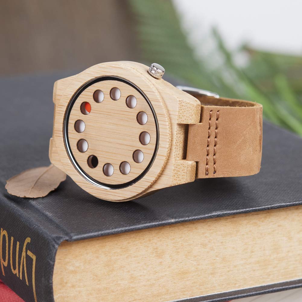 BOBO BIRD Men's Bamboo Wooden Watch with Black Cowhide Leather Strap 12 Holes Timer Design Sports Casual Watches (Brown Cat-Eye) BOBO BIRD