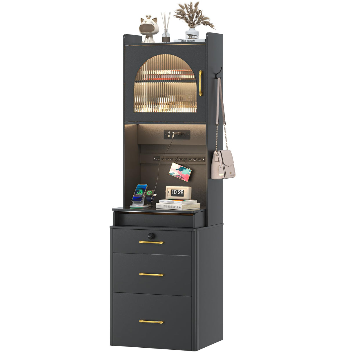 NUNU LAB Small Vanity Desk with Mirror and Lights, 3 in 1 Tall Makeup Vanity Set with Charging Station, Compact Mini Corner Vanity Set Dressing Table for Bedroom Checkroom NUNU LAB