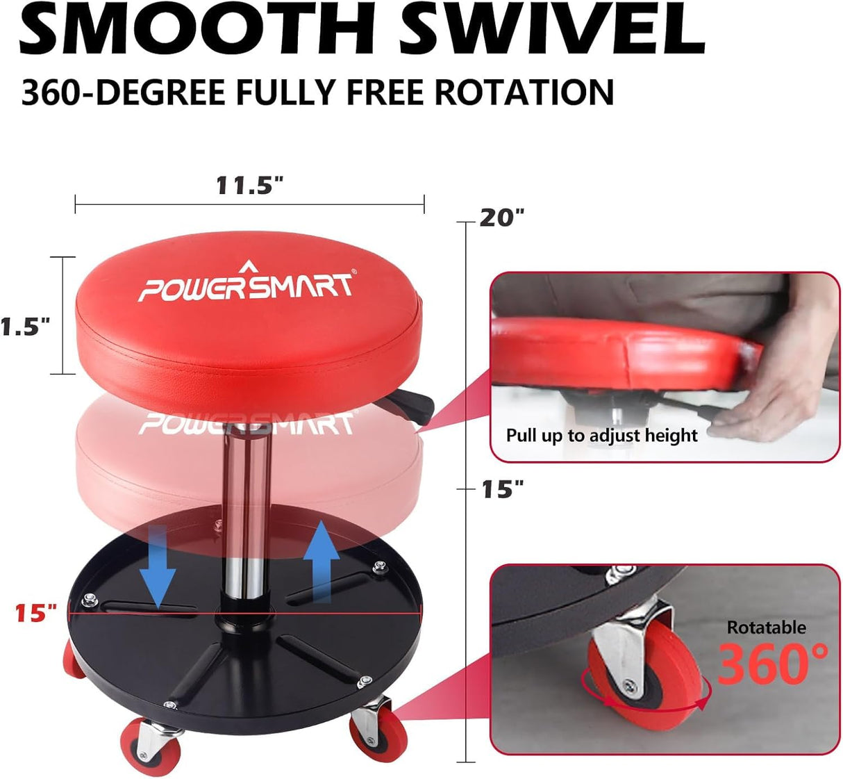 PowerSmart 360°Rolling Mechanic Stool with Tool Tray,300 lbs Capacity, Adjustable 15-20 Inches, Ideal for Garage/Shop Use,PS1101 PowerSmart