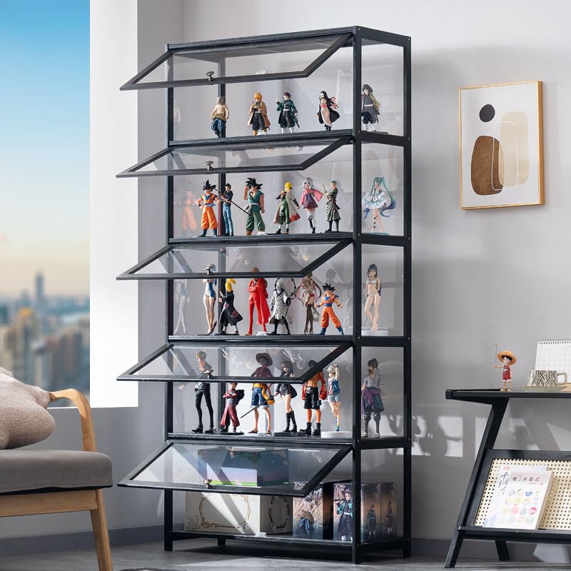 qeknxks Display Cabinet with Acrylic Doors, 5-Tier Bamboo Curio Display Cabinet, Display Cases for Figurine, Toy Organizers Rack & Display Shelf, Kids Bookcase for Home Office, Playroom, Living Room qeknxks