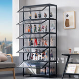 qeknxks Display Cabinet with Acrylic Doors, 5-Tier Bamboo Curio Display Cabinet, Display Cases for Figurine, Toy Organizers Rack & Display Shelf, Kids Bookcase for Home Office, Playroom, Living Room qeknxks