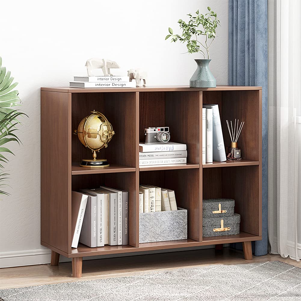 IOTXY Freestanding Open Cubes Bookcase - 2-Tier Floor Standing Wooden Storage Display Cabinet Organizer with Legs for Home Office, 6-Cubes Open Shelf Low Short Bookshelf, Walnut IOTXY