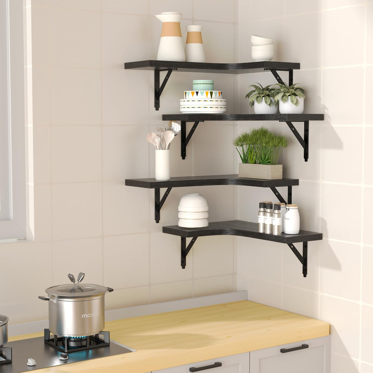 ROMGUAR CRAFT Corner Floating Shelves Wall Mounted Set of 4, Rustic Wood Storage Display Wall Shelves for Home Decor, Bathroom, Kitchen, Bedroom, Living Room, Office (Black) ROMGUAR CRAFT