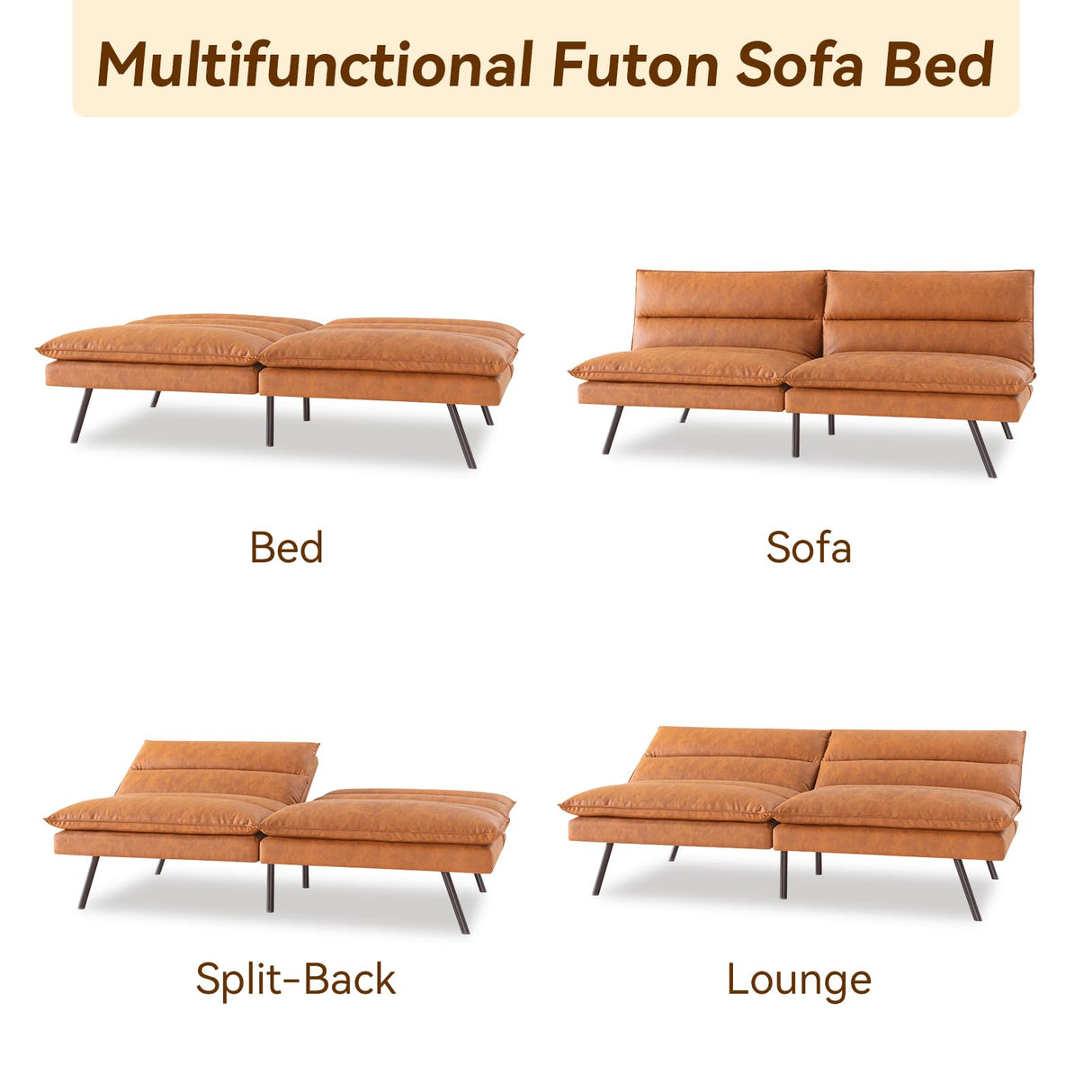 Hcore Convertible Armless Futon Sofa Bed,Faux Leather Futon Couch,Memory Foam Modern Loveseat Couch,Sleeper Sofa Bed Small Splitback for Small Spaces,Living Room,Office,RV,Apartment,Brown Hcore