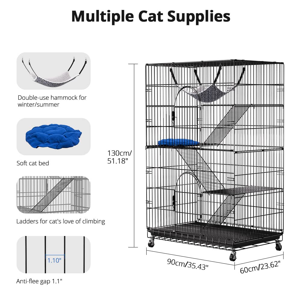 PawGiant 4-Tier Cat Cage 51 Inch Cat Crate Kennel Enclosure Playpen Large Metal Pet Cat Kitten Ferret Animal House Cage Indoor Outdoor with 2 Doors & 1 Hammock