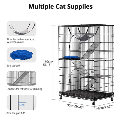 PawGiant 4-Tier Cat Cage 51 Inch Cat Crate Kennel Enclosure Playpen Large Metal Pet Cat Kitten Ferret Animal House Cage Indoor Outdoor with 2 Doors & 1 Hammock