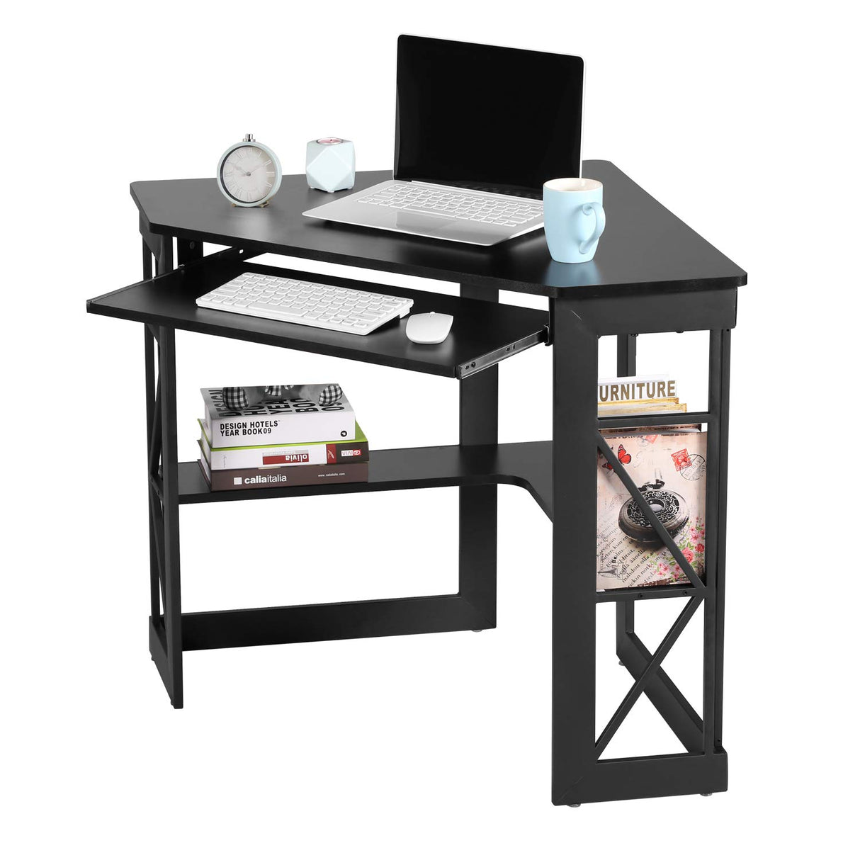 VECELO Corner Computer Desk 41 x 30 inches with Smooth Keyboard & Storage Shelves for Home Office Workstation, Black VECELO