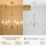 Farmhouse Chandeliers for Dining Room 6 Lights, Distressed White Wood French Country Chandelier, Rustic Chandeliers Farmhouse for Bedroom Living Room Foyer BYKWRTV