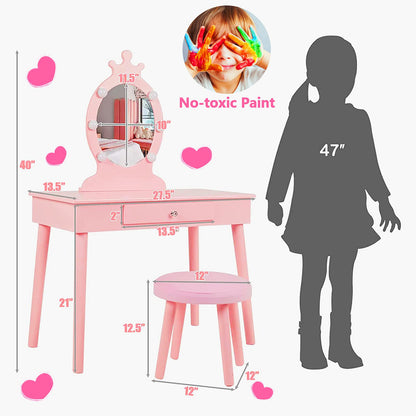 Vabches Kids Makeup Vanity with Lights and Mirror,Little Girl Vanity Table and Chair Set,Cute and Sturdy,Pink