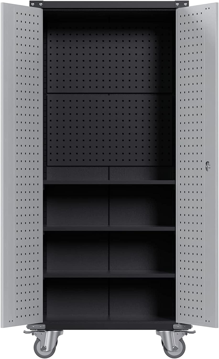 GangMei Rolling Garage Storage Cabinet with Wheels and Pegboard, Metal Storage Cabinet with Doors and Shelves, Locking Steel Cabinet for Warehouse, Home, Office (Black/Gray) - WoodArtSupply