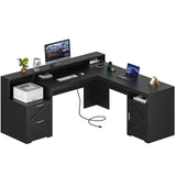 YOMILUVE 63" Farmhouse L Shaped Desk with Drawers & Storage Shelf, Corner Computer Desk with Power Outlets for Home Office, Executive Desk with Monitor Stand, Printer Shelf, Black YOMILUVE