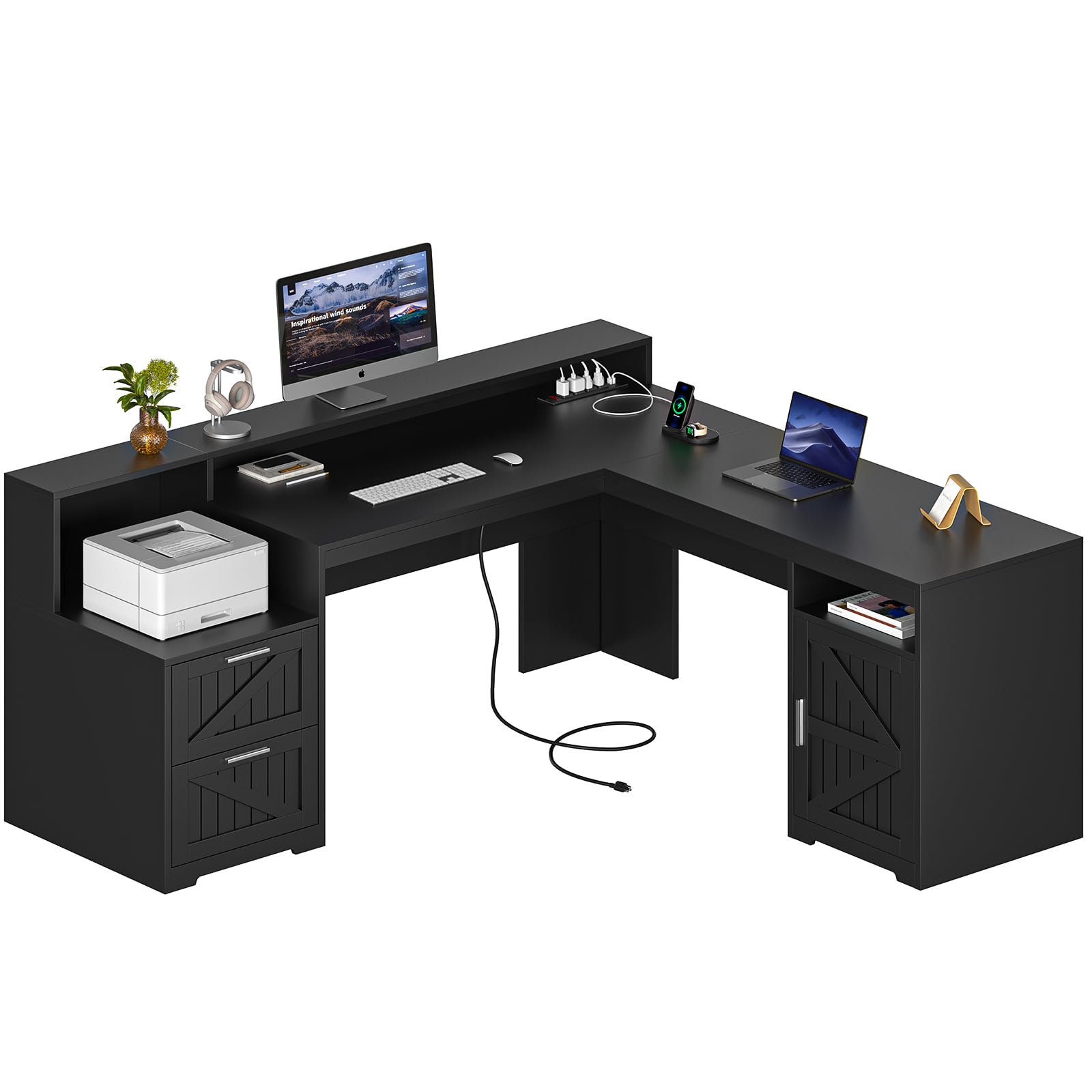 YOMILUVE 63" Farmhouse L Shaped Desk with Drawers & Storage Shelf, Corner Computer Desk with Power Outlets for Home Office, Executive Desk with Monitor Stand, Printer Shelf, Black - WoodArtSupply