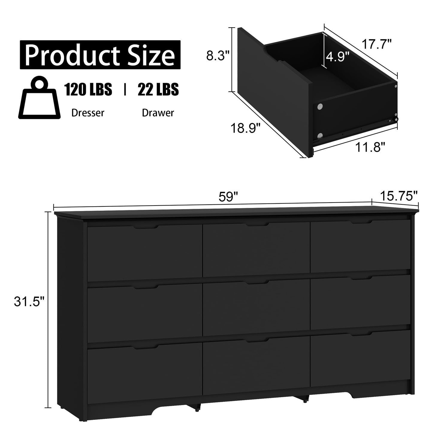 RESOM Black Dresser for Bedroom with 9 Drawers, 59'' Large Wooden Dresser with Handle Free, Modern Wide Storage Dressers Organizer for Home Office, Entryway, Hallway