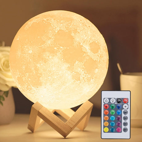 Mydethun 16 Colors 3D Moon Lamp with 148 Combination Modes, Moon Light Gift for Valentine, LED Night Light Lamp for Kids, Girls, Bedroom, Home Decor with Remote Control, 7.1 inches, w/Wood Stand Mydethun