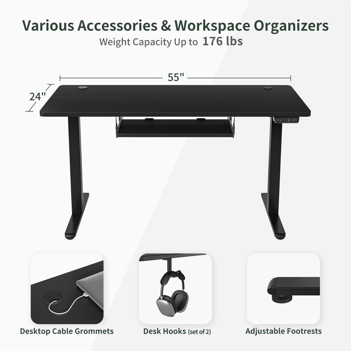 BANTI 55" x 24" Height Adjustable Electric Standing Desk with Keyboard Tray, Sit Stand up Desk with Splice Board, Black Frame/Black Top - WoodArtSupply