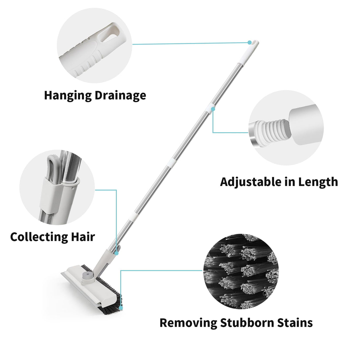 AIR U+ Floor Scrub Brush with Long Handle, 3 in 1 Scrape and Heavy-Duty Stiff Bristle Scrubber Brush for Cleaning Shower Bathroom, Patio, Garage, Kitchen, Wall and Deck AIR U+