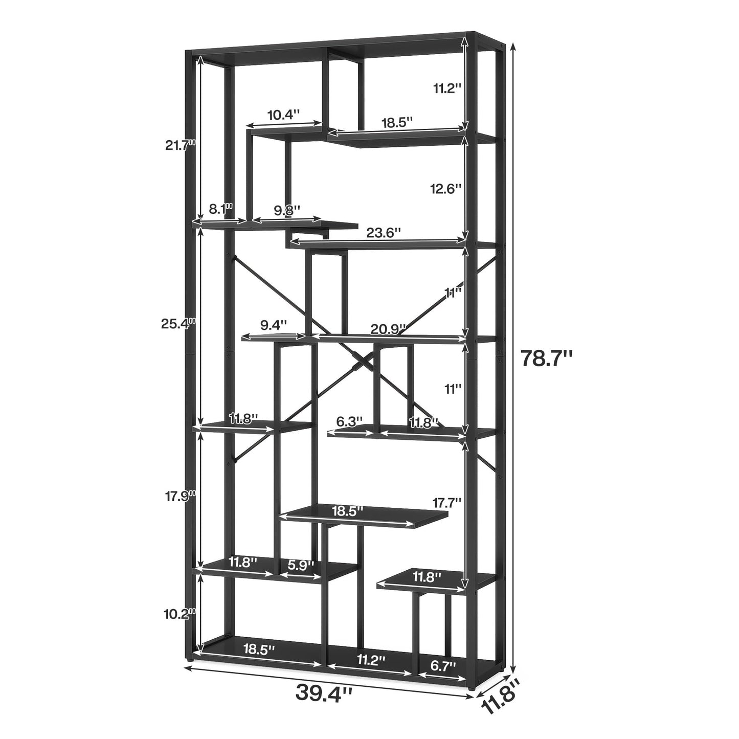 Tribesigns 79'' Black Etagere Bookshelf with 12 Open Shelves - 7-Tier Modern Wood Display Unit - WoodArtSupply