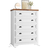 LIKIMIO 43" Tall 5 Drawers Dresser for Bedroom, Power Strip, Farmhouse Large Wood Dressers & Chest of Drawers with Wide Storage Cabinet, White LIKIMIO