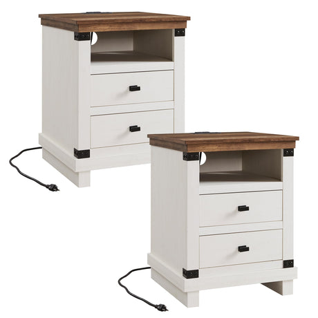 Farmhouse Nightstand Set of 2 with Charging Station, 18" Rustic Night Stand with 2 Storage Drawers, Wood End Table for Bedroom, Living Room, Antique White RedLemon