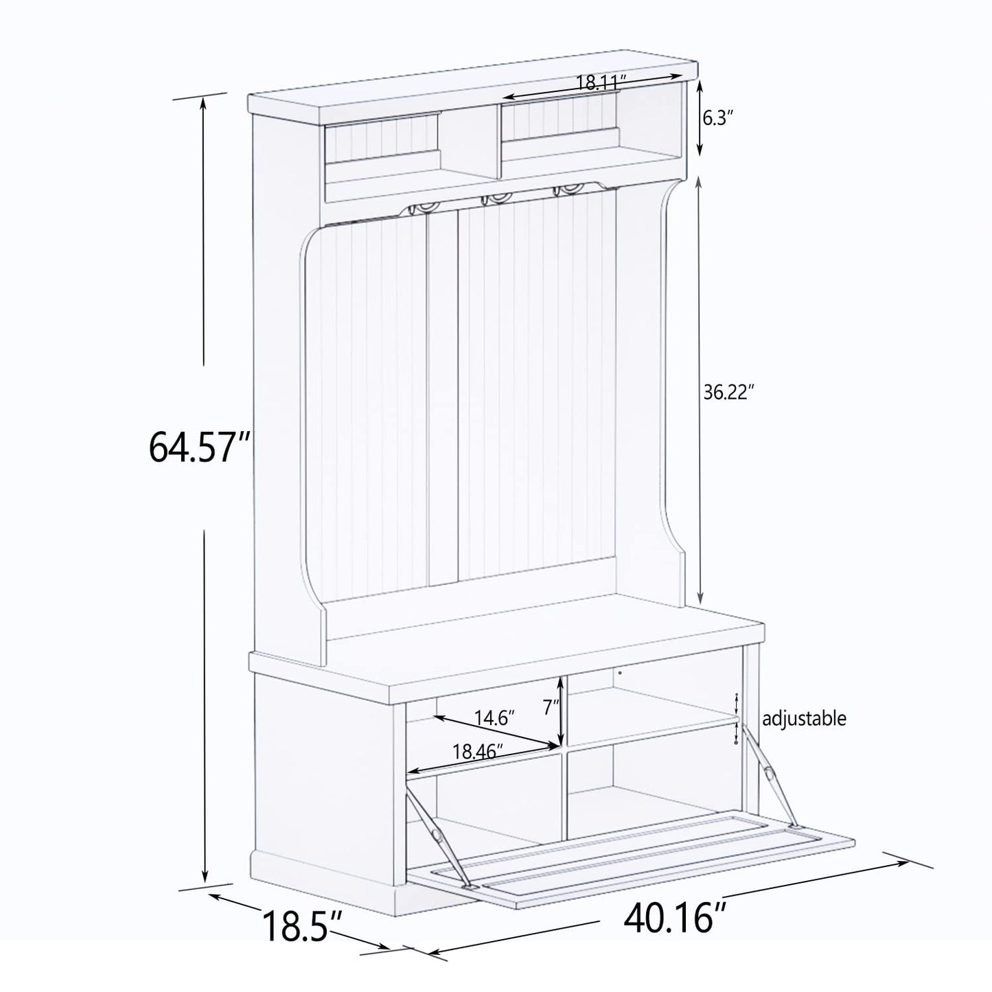 YOPTO 40.16" Hall Tree with 4 Hooks and Storage Bench,3-in-1 Entryway Cabinet with 2 Open Shelves, Coat Rack for Hallway, Living Room, Mudroom,White