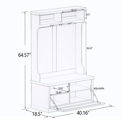 YOPTO 40.16" Hall Tree with 4 Hooks and Storage Bench,3-in-1 Entryway Cabinet with 2 Open Shelves, Coat Rack for Hallway, Living Room, Mudroom,White