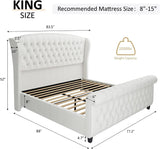AMERLIFE King Size Platform Bed Frame, Chenille Upholstered Sleigh Bed with Scroll Wingback Headboard & Footboard/Button Tufted/No Box Spring Required/Cream AMERLIFE