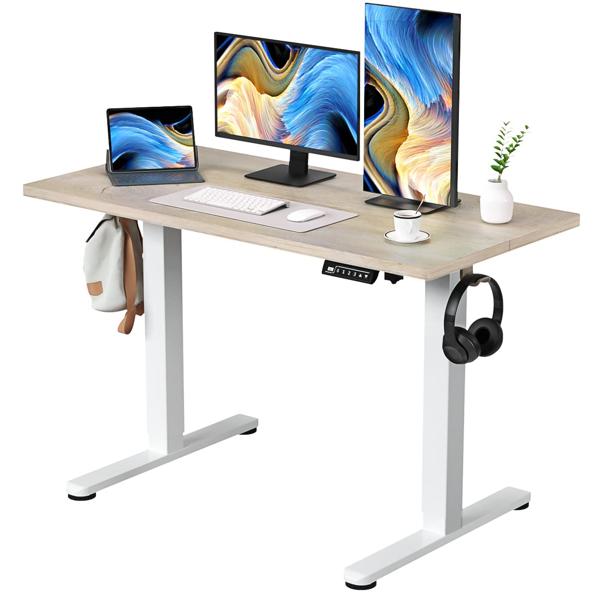 JYLH JOYSEEKER Electric Standing Desk, 48 X 24 Inches Adjustable Height Desk, Modern Sit Stand Up Desk with Splice Board and 2 Hooks, Ergonomic Rising Desk for Home Office, Oak Wood Grain - WoodArtSupply