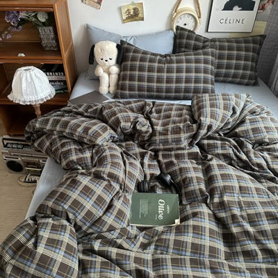 DONEUS Buffalo Plaid Duvet Cover Set 100% Washed Cotton Natural Linen Like Super Soft Comfy 3 Piece Brown Blue Gingham Checkered Bedding Set with Zipper Closure (Queen 90"x90", for All Seasons)