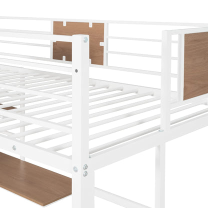 Twin Loft Bed with Desk and Storage Shelf, Metal Loft Bed Twin Size, Kids Loft Bed with Build in Ladder and Guardrails, Twin Loft Bed White