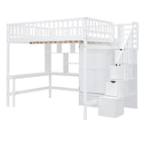 Merax Full Loft Beds Stairway Loft Bed Frame with Wardrobe, Desk, Bookshelf and Drawers, White Merax