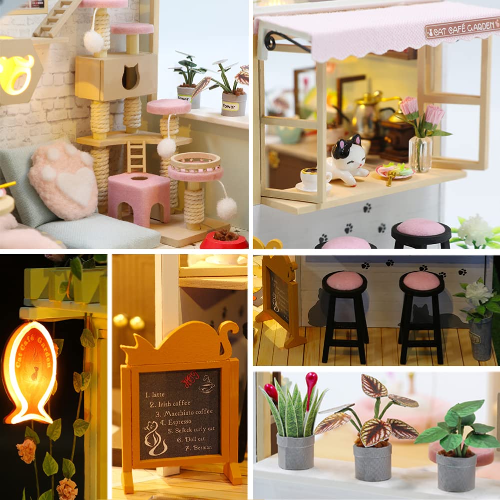 SYW DIY LED Lights Miniature Dollhouse Kit Cat Coffee Doll House Model Wooden Furniture for Christmas 's Day Creative Gifts with Dust Cover and Music （Cat Coffee Shop ） SYW