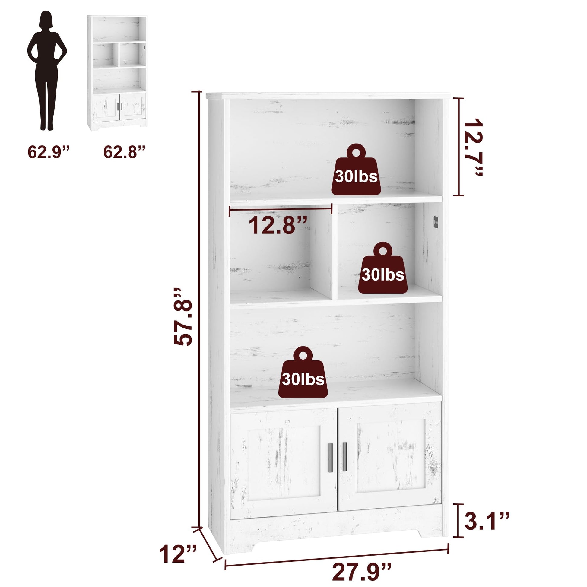 Fulvari Modern White Bookcase with Doors and Adjustable LED Lights - 57.8'' Floor Standing Storage Rack - WoodArtSupply