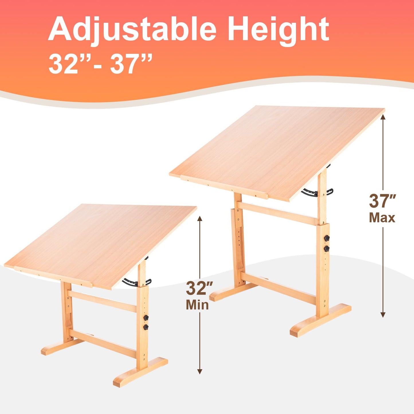 Falling in Art Wooden Drafting Table and Stool Set, 30" x 42" Adjustable Height and Angle Solid Wood Drawing Desk for Adults, Artist Craft Table for Painting Artwork, Reading, and Writing