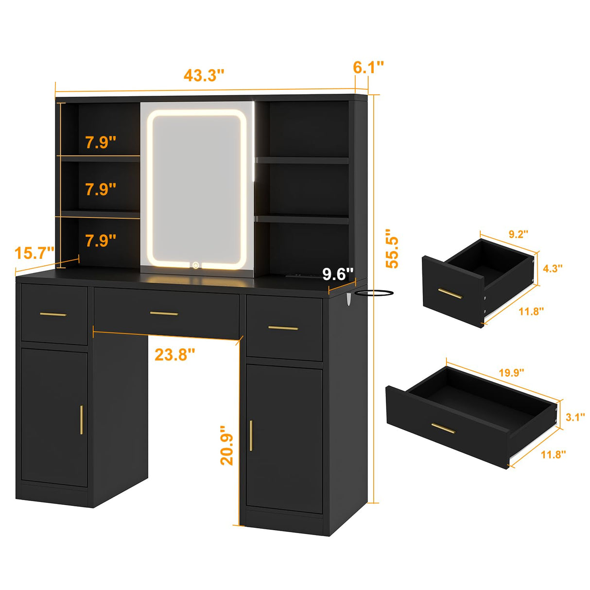 knoworld Vanity Desk with Sliding Mirror & LED Lights, Smart Makeup Table with Charging Station, Hairdryer Holder, 7 Shelves, 3 Drawers, 2 Cabinets, Vanity with Extra Hidden Stroage for Bedroom,Black knoworld