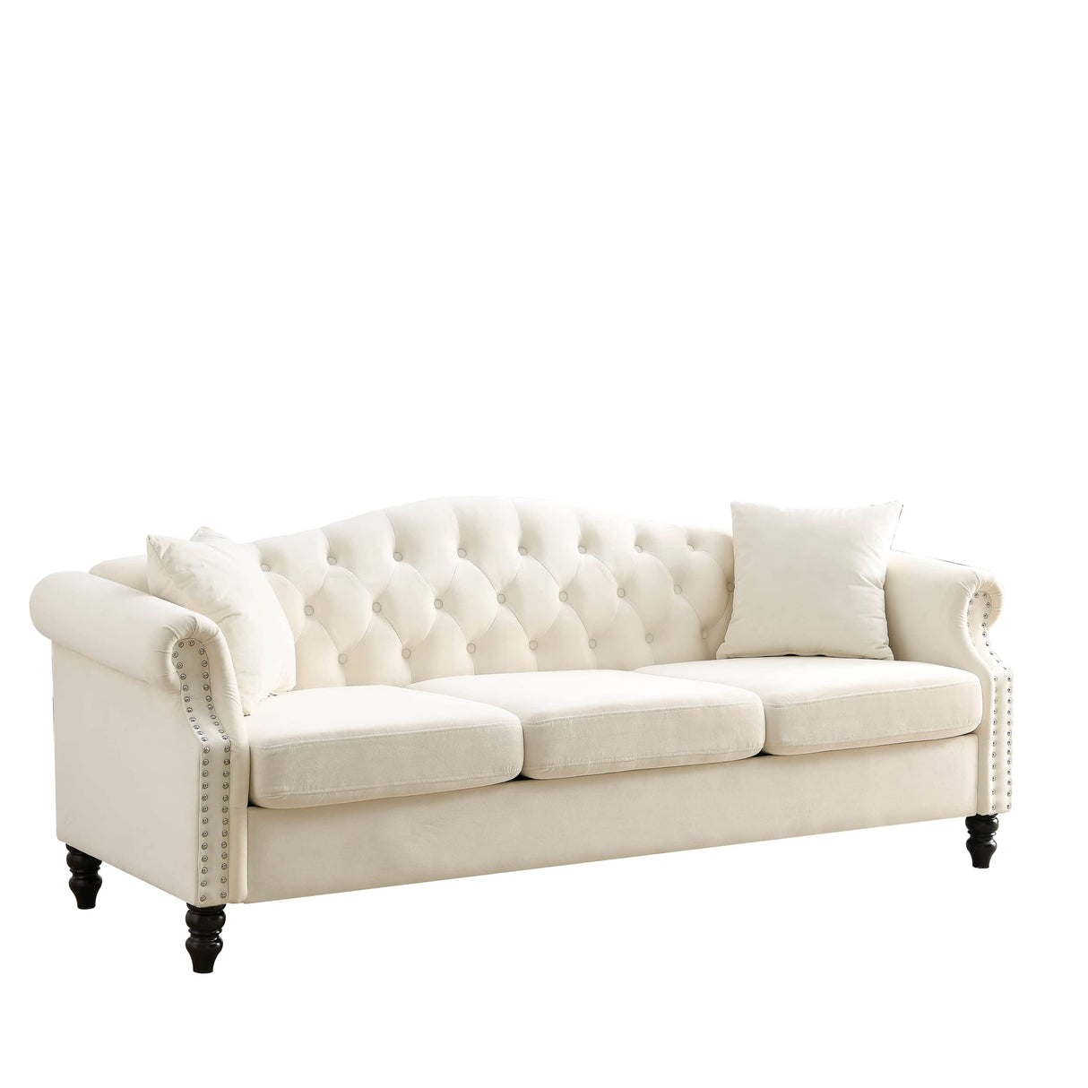 79" Chesterfield Sofa Couch for 3, Velvet 3 Seater Tufted Couch Chesterfield 3 Person Sofa with Two Pillows, Nailhead & Rolled Arms and Curved Backrest for Living Room (Beige) Bellemave