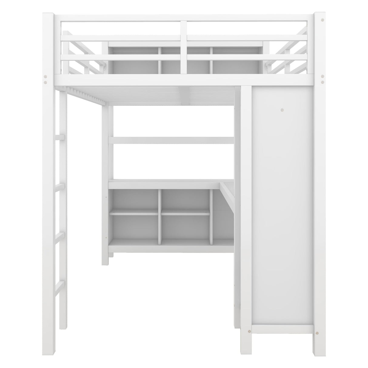 Full Size Loft Bed with Wardrobe and Storage Cubes, Heavy Duty Loft Bed with Desk, Storage Shelf and Guardrail, White Bellemave