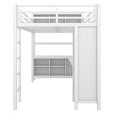 Full Size Loft Bed with Wardrobe and Storage Cubes, Heavy Duty Loft Bed with Desk, Storage Shelf and Guardrail, White Bellemave
