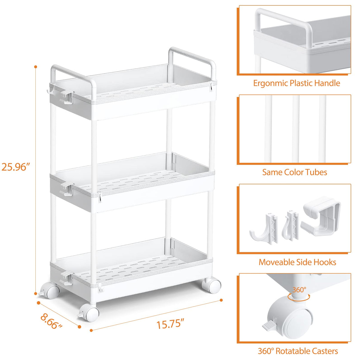 Ronlap 3 Tier Slim Rolling Storage Cart with Wheels Plastic Utility Cart Organizer for Snack Craft Art Postpartum Baby Diaper Nail Makeup in Bathroom Laundry Room Kitchen Bedside Narrow Space, White Ronlap