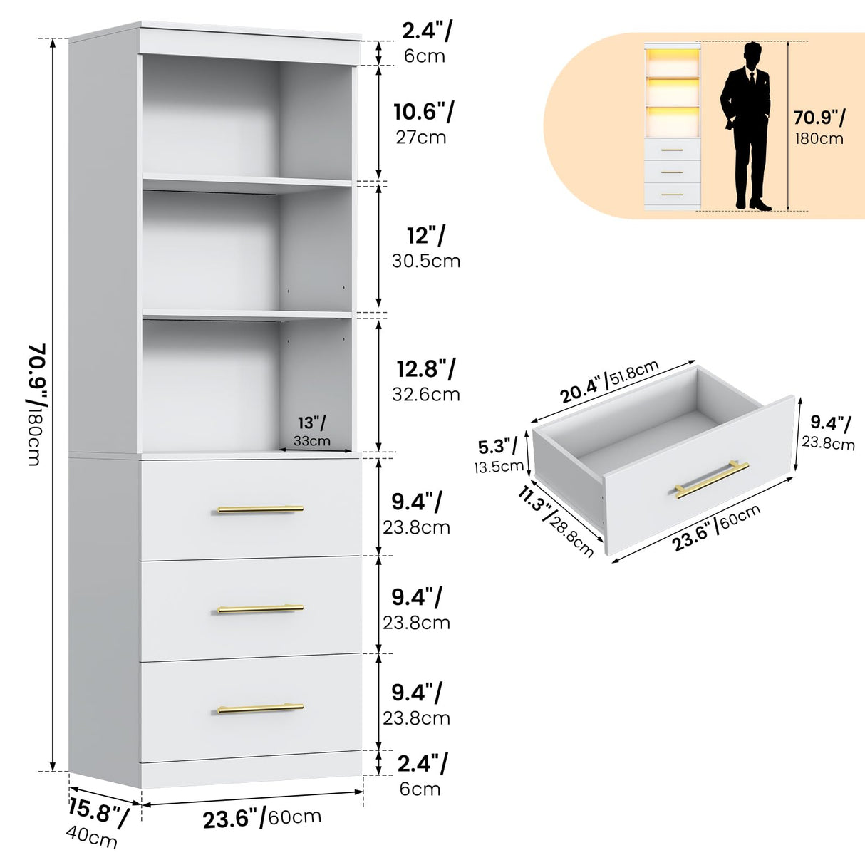 Winkalon 71“H White Bookshelf with LED Light, Bookcase and Bookshelf with Drawers, Tall Bookcase Tall Storage Cabinet 3-Tier Open Shelves for Home Office Living Room Bedroom, 15.8"D x 23.6"W x 70.9"H Winkalon