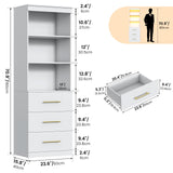 Winkalon 71“H White Bookshelf with LED Light, Bookcase and Bookshelf with Drawers, Tall Bookcase Tall Storage Cabinet 3-Tier Open Shelves for Home Office Living Room Bedroom, 15.8"D x 23.6"W x 70.9"H Winkalon