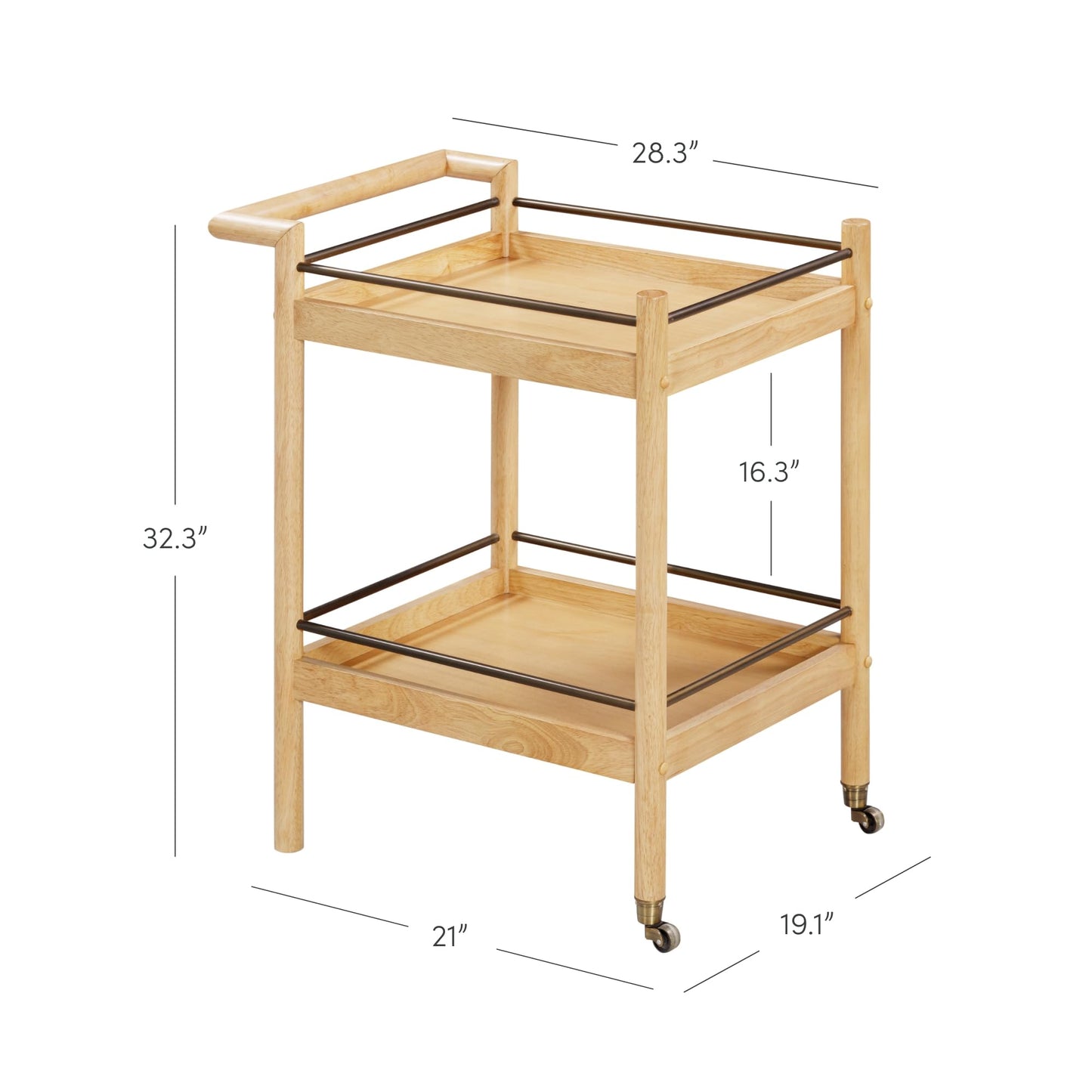 Nathan James Farley Mid Century Modern Bar Cart, Solid Wood Serving Cart with Wheels and Metal Guard Rails, Natural Brown