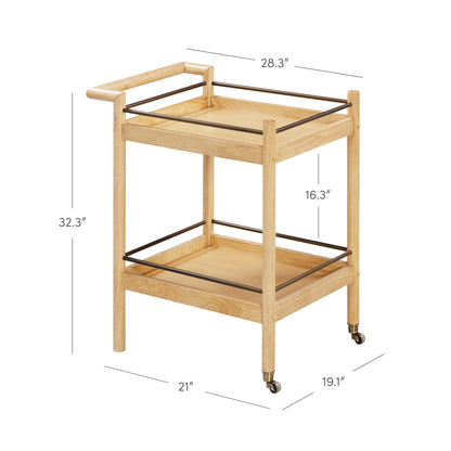 Nathan James Farley Mid Century Modern Bar Cart, Solid Wood Serving Cart with Wheels and Metal Guard Rails, Natural Brown