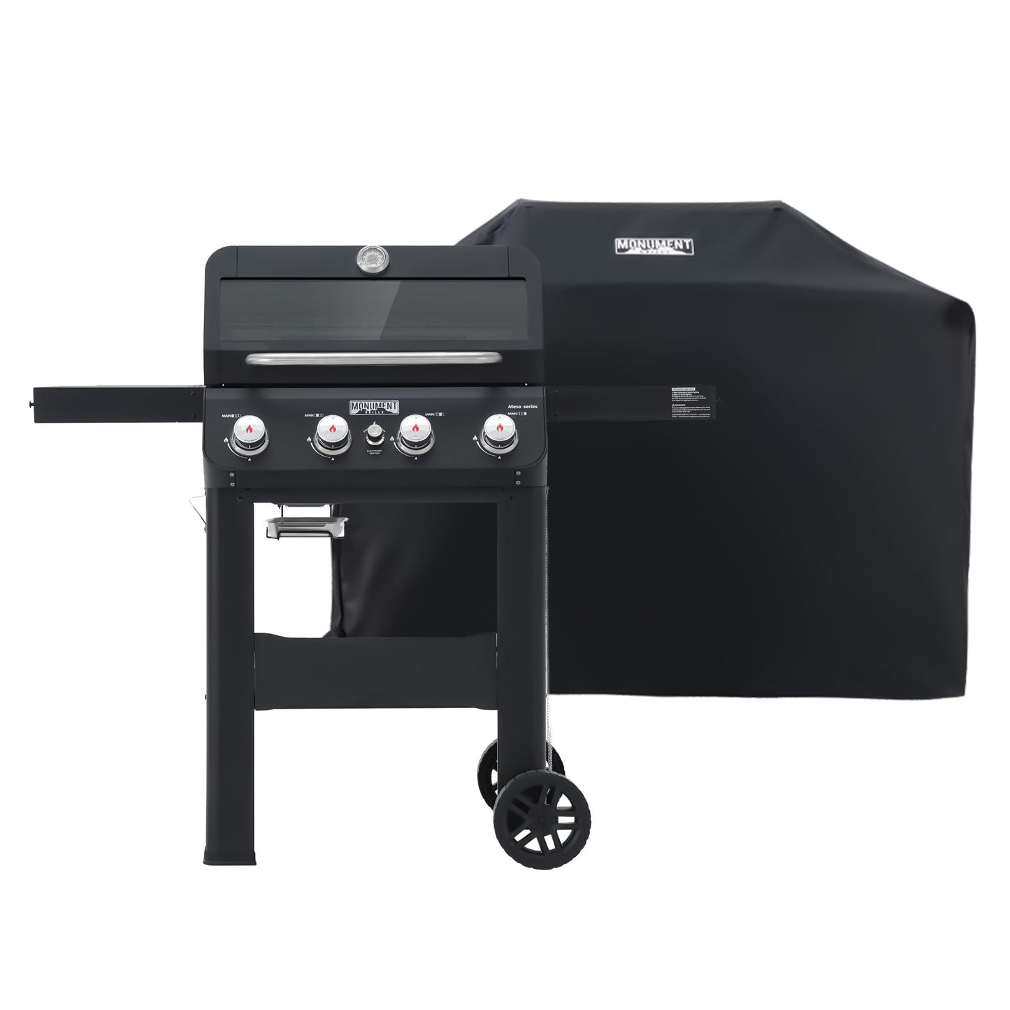 Monument Grills 4-Burner Liquid Propane Gas Grill, Black Stainless Steel Grill with Clearview® Lid and One Foldable Shelve for Outdoor Cooking Kitchen and Patio Backyard, Mesa420MF with BBQ Cover