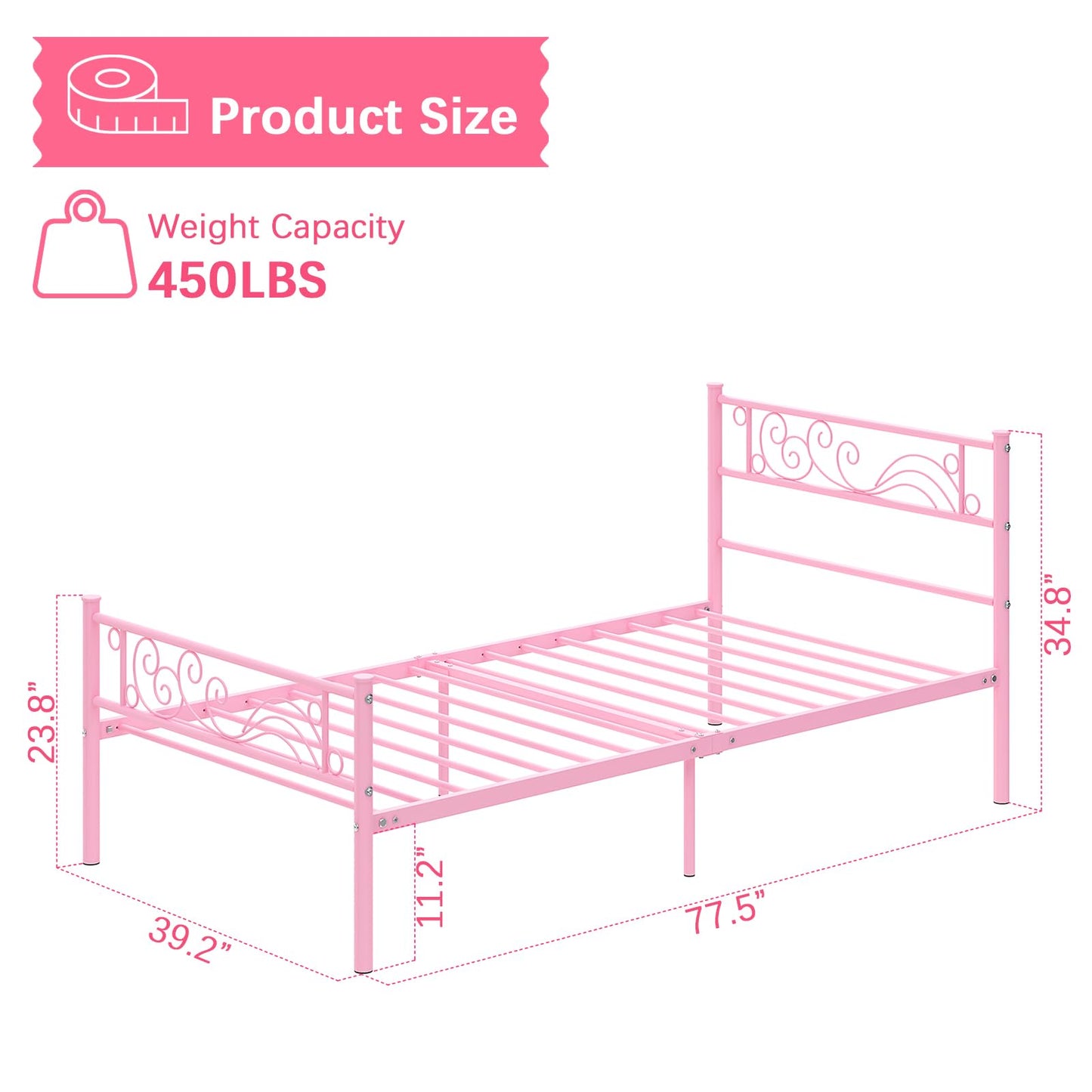 Weehom Twin Bed Frames Metal Platform Heavy Duty Steel Slat Under Bed Storage for Kids Pink