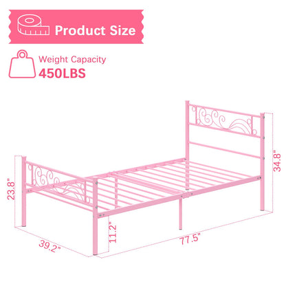 Weehom Twin Bed Frames Metal Platform Heavy Duty Steel Slat Under Bed Storage for Kids Pink